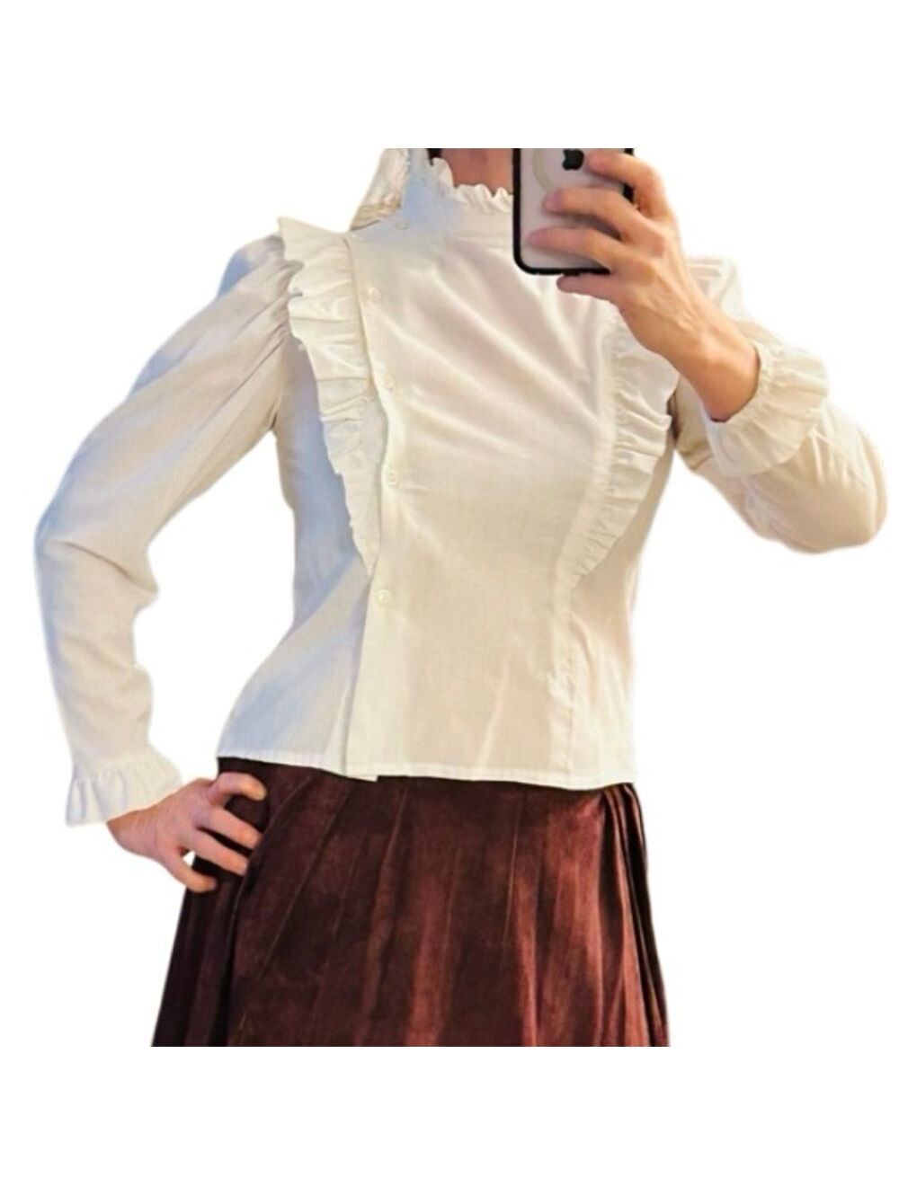 Vintage 70s Prairie Victorian Ruffles Puff Sleeve High Neck Bib Cottagecore M